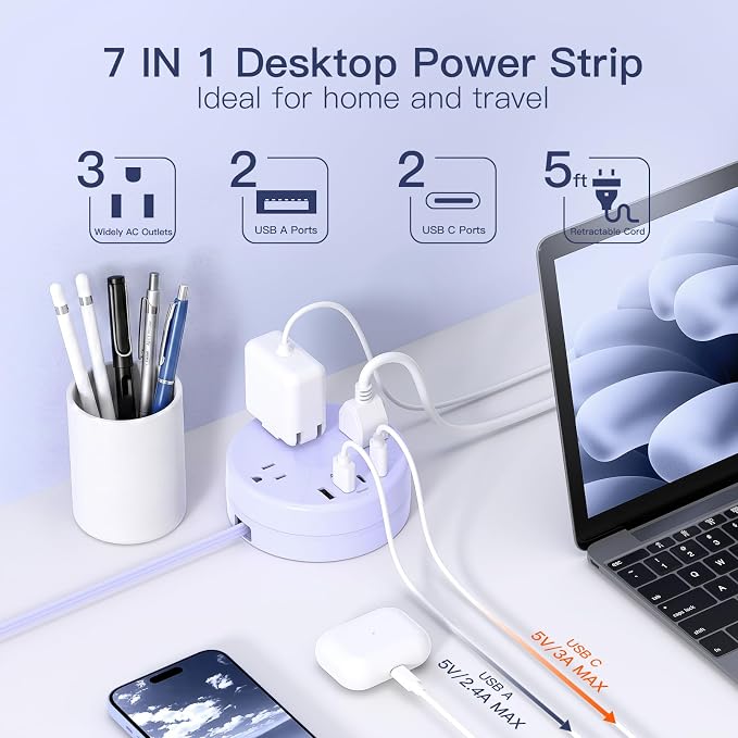 Addtam Travel Essentials Power Strip with USB C, Purple Cruise Approved Power Strip, 3 Outlets 4 USB Ports, 5ft Retractable Extension Cord for Travel, Dorm Room, Hotel, Cruise Ship Accessories