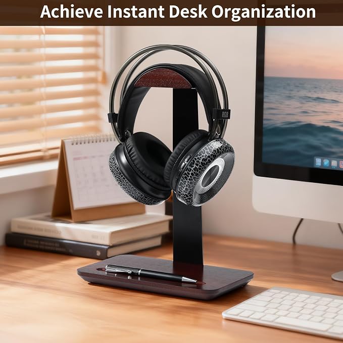Walnut Wood Headphone Stand with Pen Holder - Desktop Wooden Headphone Stand, Solid Wood Headset Holder & Executive Desk Organizer for Office, Compatible with AirPods Max, Sony, Bose