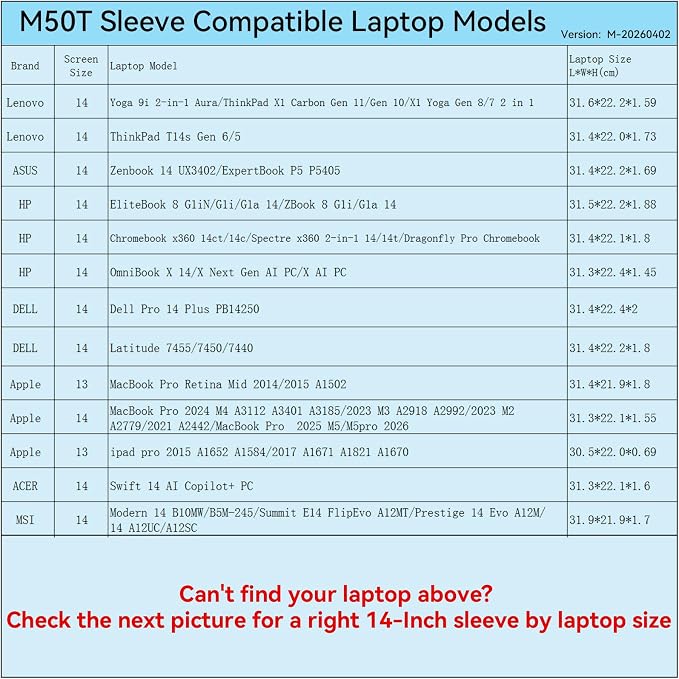 Smatree M50T Hard Protective 14 inch Laptop Sleeve Case Compatible for HP OmniBook X/ZBook, Lenovo ThinkPad/Yoga, DELL Pro 14 Plus/Latitude, ASUS ExpertBook/Zenbook, for MacBook/MSI/ACER (X8042T)