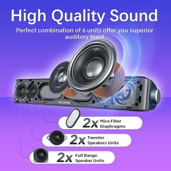 Nylavee Computer Speakers, Hi-Fi Stereo Computer Sound Bar with Bluetooth & 3.5mm Aux, USB/USB-C Powered for Desktop PC, Laptop & Monitor, Built-in Mic and Headphone Jack