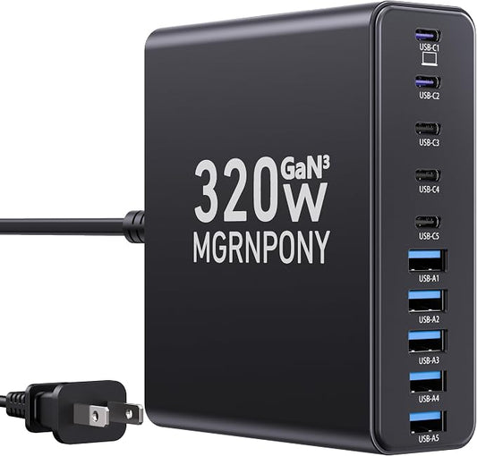 320W USB C Charger Block, 10-Port USB C Charging Station GaN III PD 65W Laptop Fast Charger Adapter for MacBook Pro/Air, DELL, iPad, iPhone, Samsung Galaxy Black