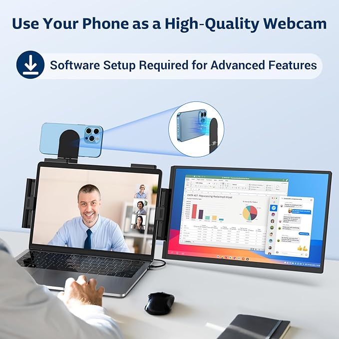 HONGO Portable Studio Display 15.6" FHD IPS 1080P Monitor — Laptop Screen Extender & Phone/Pad Mount for 14–16" Laptops, Turn Phone into Webcam + Keyboard Control (Third‑Party App Required)