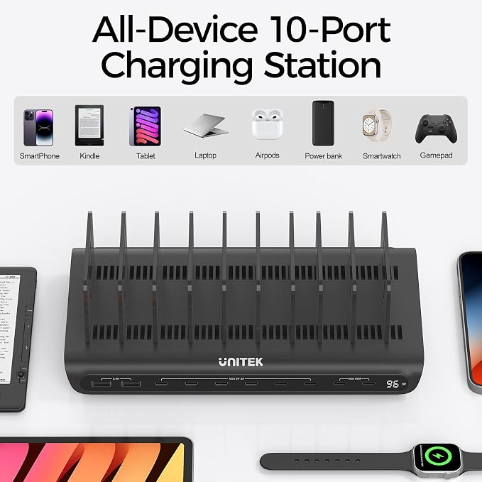 Unitek 10-Port USB C Charging Station 96W with 2X 65W PD, [2A+8C] Laptop Charging Station for Multiple Devices, Fast Charger Dock for Home Office