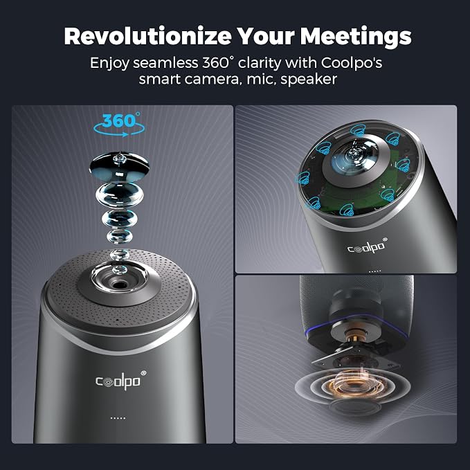COOLPO Camera 360, 4K Smart Video Conference Room Camera and Microphone, AI Driven Speaker Tracking, Noise Cancellation, Works with Zoom, Google Meet, Meeting, Plug Play Setup, AI Huddle Pana