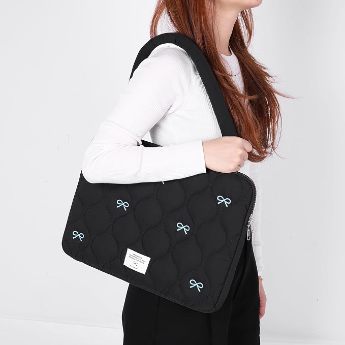 Cute Bow Laptop Case Coquette 13-15 Inch Puffy Laptop Sleeve Accessories Aesthetic Quilted Computer Bag for MacBook (Black 1, 15-15.6)
