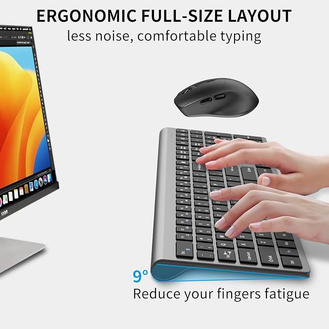 Wireless Keyboard and Mouse Combo, Silent Full-Size Computer Keyboard with Calculator Button, 2400 DPI Ergonomic Mouse, Quiet Click, USB Cordless Mice Set for Laptop PC Windows Mac - Black & Grey