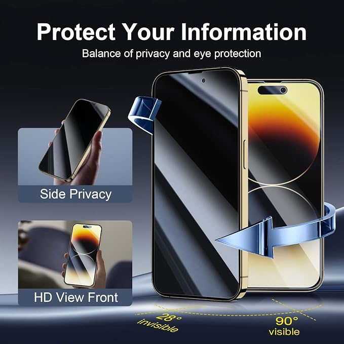 NEW'C 3x Privacy for iPhone 14 Pro Max Screen Protector (6.7 inches)+ 3x Camera Lens Protector, Sensor Protection, Tempered Glass Film + Dust Plug - Enhanced Privacy Angle of 28 Degrees