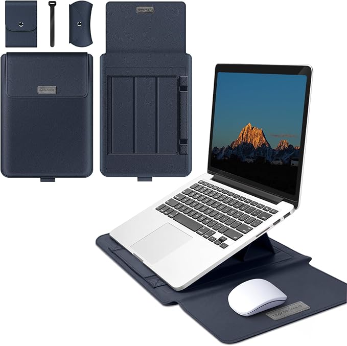 13-14 inch Laptop Sleeve Protective Case for MacBook Air/Pro 13-14" M5/M4/M3/M2/M1 (Pro/Max), [3 in 1] PU Leather Laptop Waterproof Slim Cover with Stand and Mouse for MacBook - Dark blue