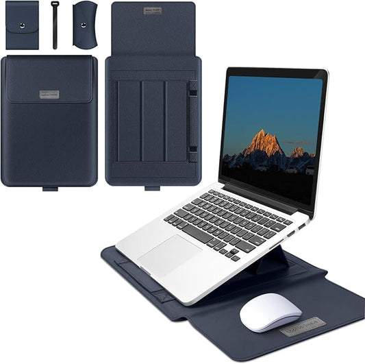 13-14 inch Laptop Sleeve Protective Case for MacBook Air/Pro 13-14" M5/M4/M3/M2/M1 (Pro/Max), [3 in 1] PU Leather Laptop Waterproof Slim Cover with Stand and Mouse for MacBook - Dark blue