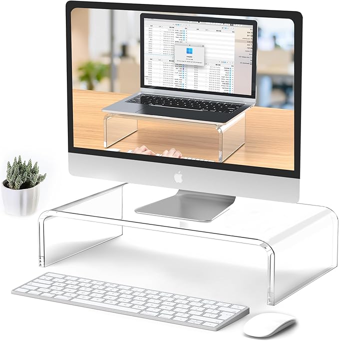 Acrylic Monitor Stand Riser Acrylic Laptop Stand for Desk Clear Computer Monitor Stand for Desk Accessories White Aesthetic Decorations for Office Home iMac Organizer