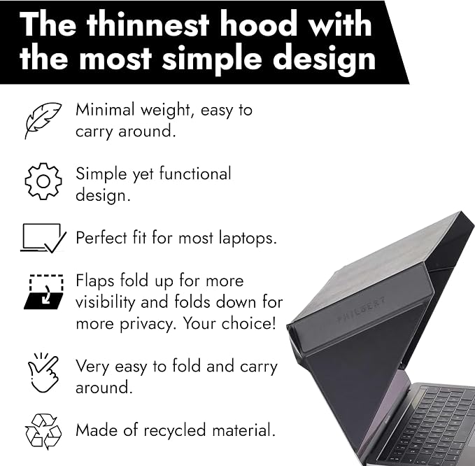 4-in-1 Laptop Screen Shade – Original Slim Hood – Sun, Privacy, Heat & Contrast Protection, Lightweight & Travel-Friendly, Fits 12–14” MacBook & PC, Patented, Black
