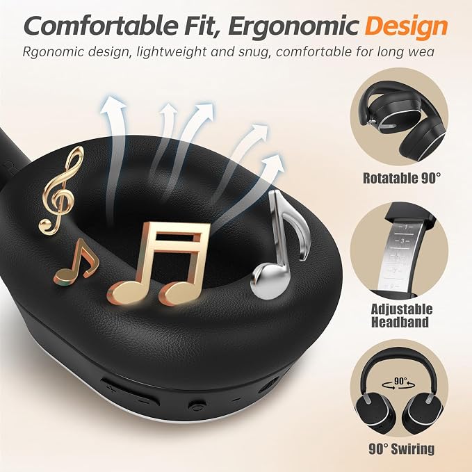 Hybrid ANC Wireless Headphones – Bluetooth 6.0, 60H Playtime, Hi-Res Audio, Deep Bass, Memory Foam, Black