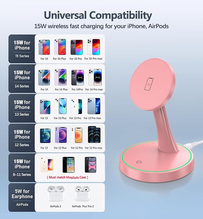 Magnetic Wireless Charger Stand 15W Fast Mag-Safe Charger for iPhone 17 /17 pro/ 17 Air/ 17 pro max 16/15/14/13/12 Series Magnet Wireless Charging Station/Pad with Sleep-Friendly Light for AirPods