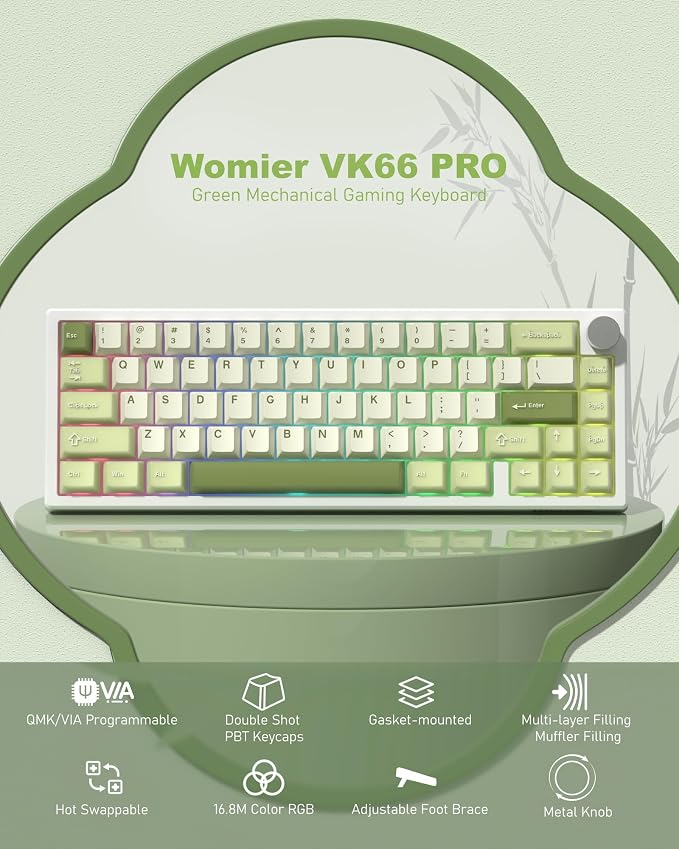 Womier 60% Gaming Mechanical Keyboard Green QMK/VIA Creamy Keyboard Wired, Hot Swappable Gasket Mount RGB Key Board & PBT Keycaps(VK66 PRO)