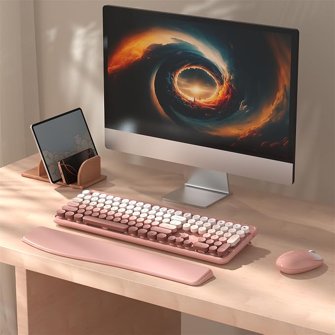 MPTOG Colorful Wireless Computer Keyboard and Mouse Combo with Phone Holder, Wrist Rest, Typewriter Keys, 2.4GHz Wireless, Full-Sized Optical Mouse for PC and Laptop(Peach Colorful)