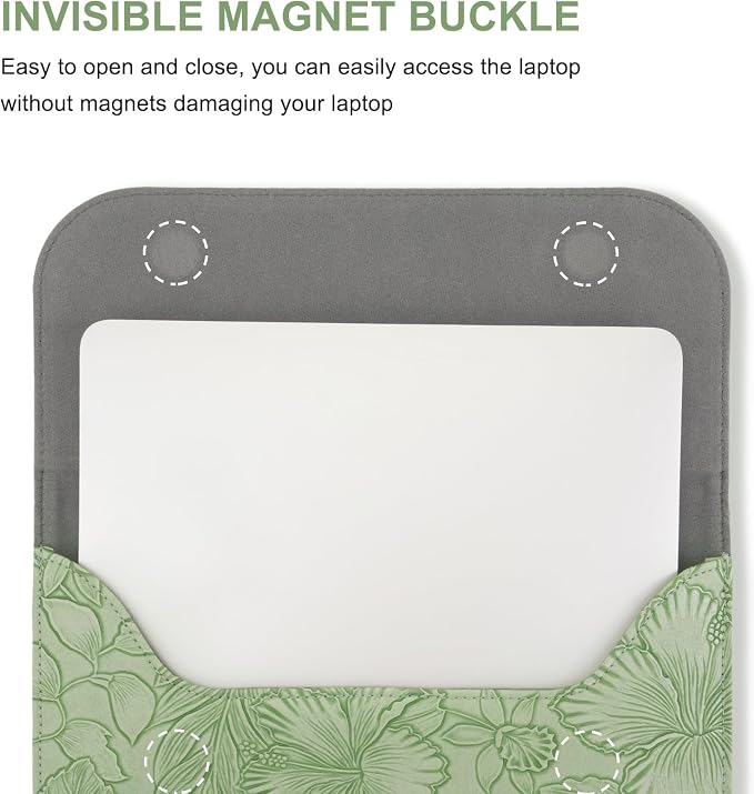 MOSISO Laptop Case 13 inch, 13 inch Laptop Sleeve Compatible with MacBook Air M4 M3 M2 M1 2025-2018 / Pro M2 M1 2025-2016, Embossed Retro Hibiscus PU Leather Case with Small Bag, Sage Green