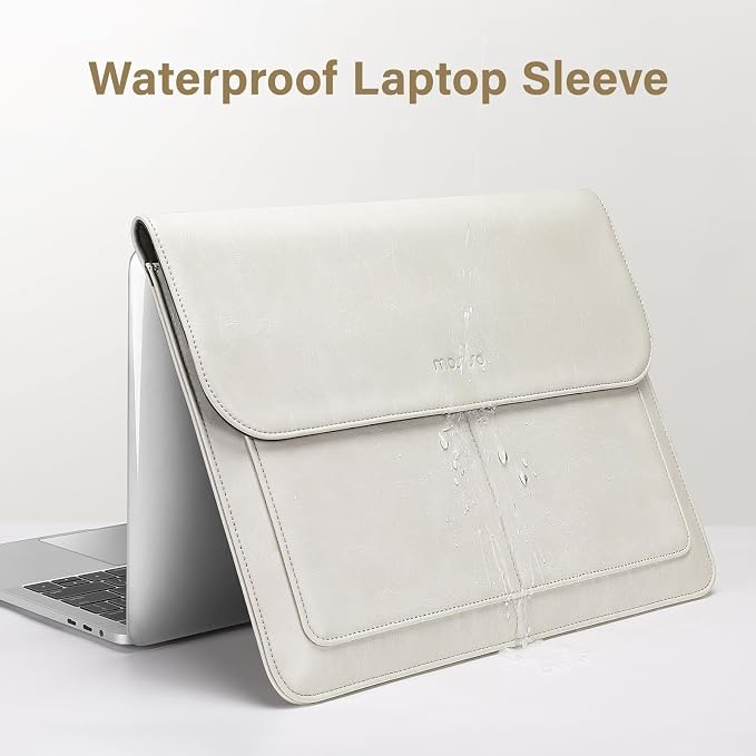 MOSISO Laptop Case 13.3 inch, 13-13.3 inch Laptop Sleeve Compatible with MacBook Air/Pro 13 / Pro 14, HP Dell ASUS Lenovo Notebook, PU Leather Flap Carrying Case with Stand&Small Pouch, Beige