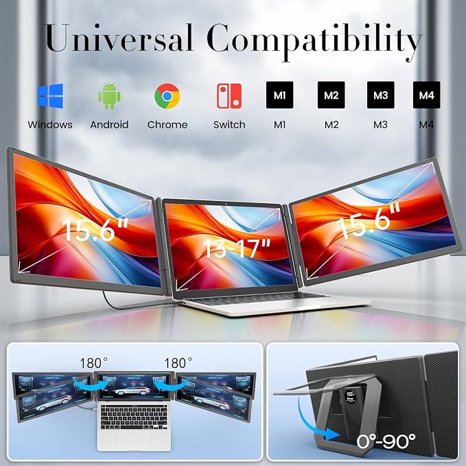 Teamgee 15.6" Laptop Screen Extender with Power Bank, FHD 1080P IPS Triple Monitor, HDMI/USB/Hub Plug-Play Display, Fits 13-17" Laptops (Mac/Windows/Android), Ideal for Home Office/Small Business