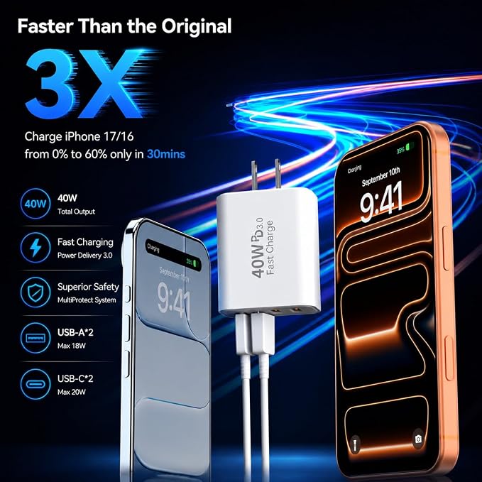 USB C Wall Fast Charger Block, 40W 4-Port Type C Charger Fast Charging Blocks PD Power Charger Adapter+QC 3.0 USB Multiport Charger Brick for iPhone 17/16/15/14/13/12 Pro Max, iPad, Galaxy S25-2Pack
