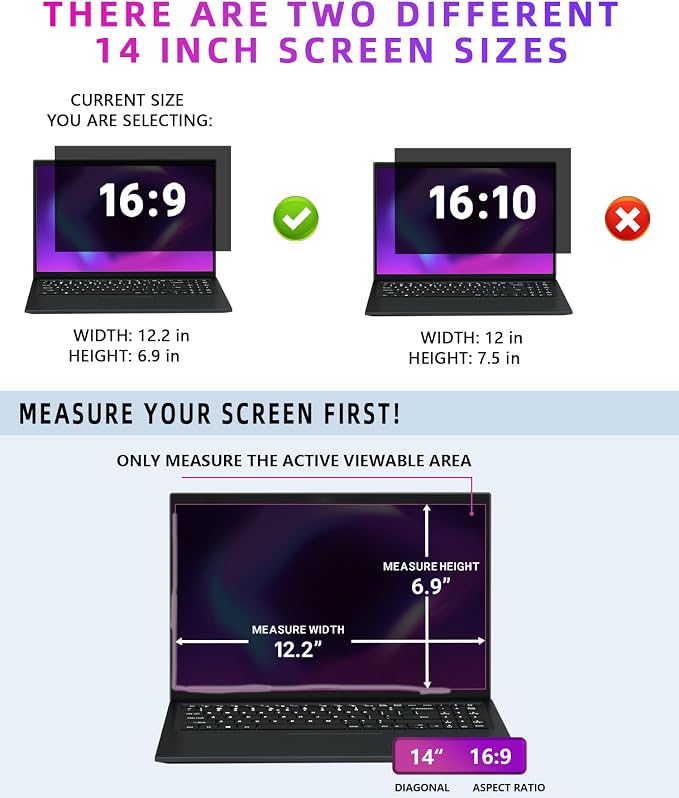PYS 4-Way Privacy Screen for Laptop 14 Inch 16:9-360° Anti-Spy Filter, Matte Anti-Glare Protector, Scratch-Resistant Film, Laptop Privacy Filter Shield