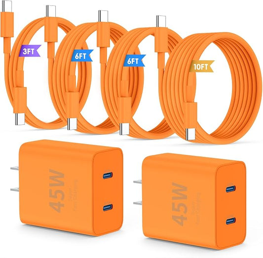 QZIIW Super Fast Samsung Charger Type C,45W Dual Port USB C Fast Charger Block [2-Pack] & Extra Long 60W 3/6/6/10FT USB C Cable - PD Quick Charging 3.0 for Samsung Galaxy S25 Ultra/S24+/S23 iPhone 17
