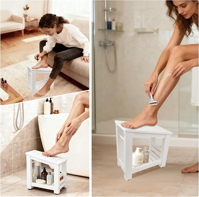 Bamboo Shower Foot Rest Stool for Shaving Legs & Pedicure, Non-Slip Bathroom Foot Step with Storage Pocket, Solid & Water-Resistant,Natural (White)