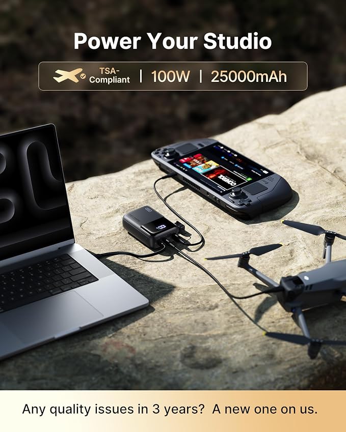 INIU 100W Fast Charging Power Bank, Smallest 25000mAh High Capacity Laptop Portable Charger, 3-Port Battery Phone Pack with Detachable USB C Cable for Flight-Safe Travel Working, Metallic Coffee