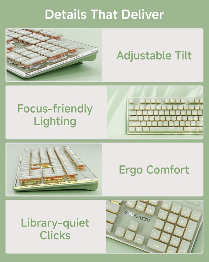 Wireless Keyboard and Mouse Combo with White Backlit Pudding Keycaps, Bluetooth & 2.4G, 2000mAh Rechargeable, Full Size, Metal Panel Quiet Computer Keyboard Set for Windows PC Desktop - Green