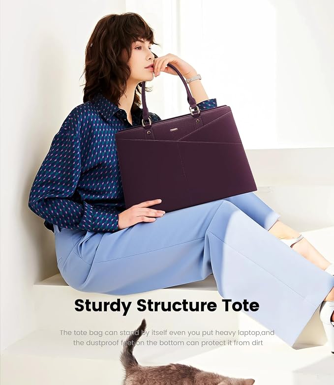 LOVEVOOK Laptop Tote Bag for Women, Leather Business Office Work Bag Computer Briefcase with Small Clutch fit for 15.6 Inch Laptop Purple