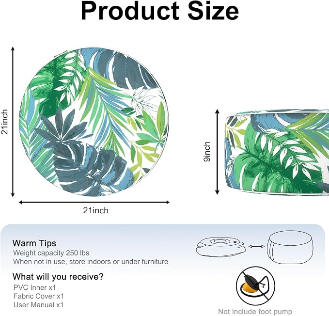 DYTXIII Inflatable Ottoman Stool D21 xH9 for Outdoor/Indoor Use, Water Repellent Patio Foot Rest with Portable Handle,Round Pouf Ottoman Suitable for Garden,Deck and Camping - Islamorada Blue Green