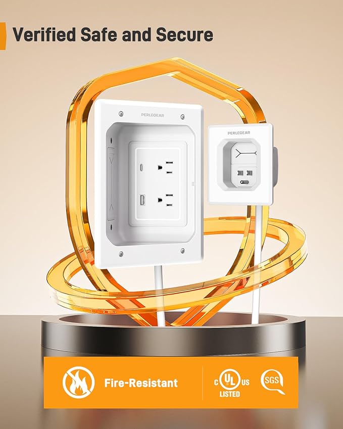 Perlegear in Wall Cable Management Kit, USB & Type C PortsTV Cord Hider & Cable Hider, Wire Hider with Recessed Power, Includes Drill Template, Dust Bag, Drywall Saw, Extension Cable