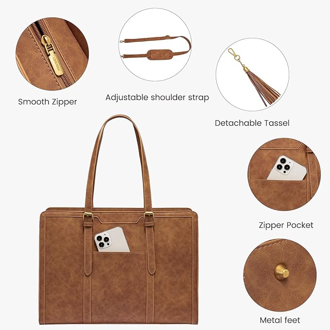LOVEVOOK Laptop Bag for Women, Vintage Leather 15.6 Inch Work Tote with Large Cup Holder, Teacher Professional Computer Bag with Clutch Purse and Tassel for Office Business