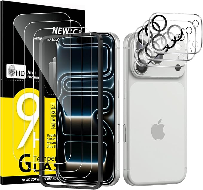 NEW'C 3x Screen Protector for iPhone 17 Pro (6.3 inches)+ 3x Camera Lens Protector, Sensor Protection, Case Friendly Tempered Glass Film, Ultra Resistant, Easy installation tool include