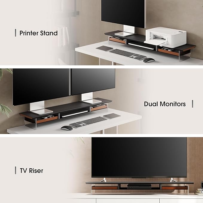 Fenge 42.5” Dual Monitor Stand Riser with 2 Felt-Lined Drawers, Aesthetic Metal and Wood Monitor Shelf with Acrylic Legs, 2-Tier Desk Organizer for 2 Monitors, Laptop, Printer, TV, Black
