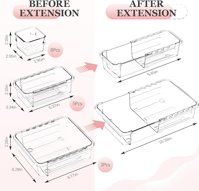 DILIBRA 16 Pcs Clear Extendable Drawer Organizer, Adjustable Drawer Storage 3-Size Desk Drawer Organizer, Plastic Non-Slip Storage Bins for Makeup, Cosmetic, Jewelries, Utensils, Stationery, Dressers