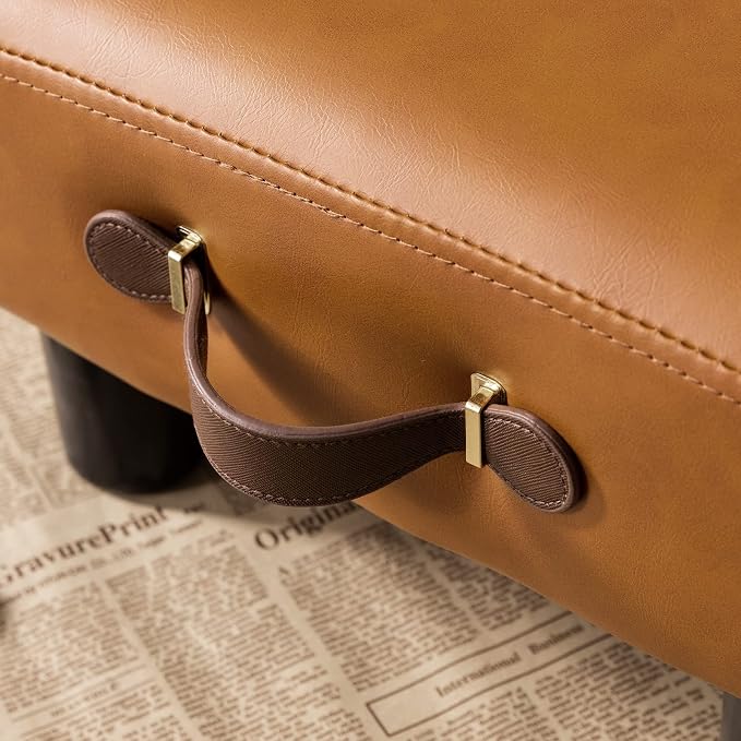LUE BONA Small Foot Stool with Handle, Whisky Brown PU Leather Short Rest Rectangle Storage Foot Stools Ottoman with Plastic Legs, Padded Small Step Stool for Living Room, Office, Patio