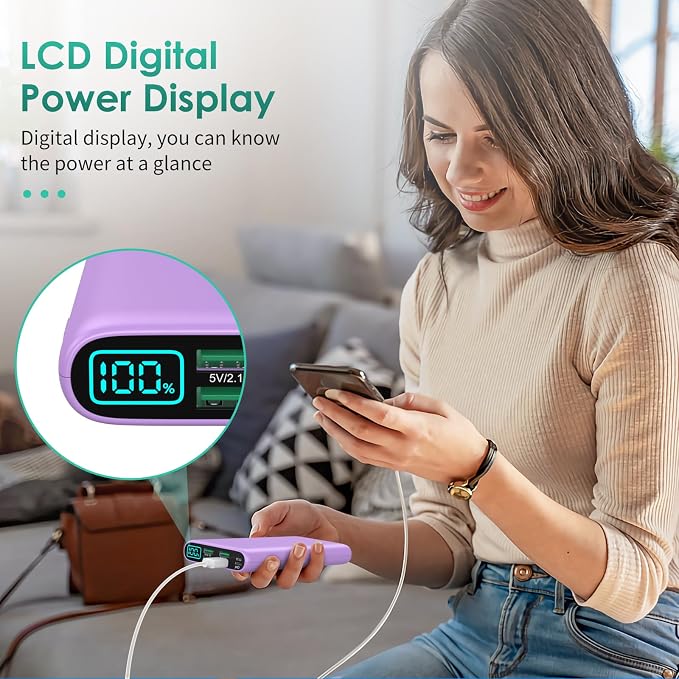 Portable Charger 38800mAh,LCD Display Power Bank,5 USB Outputs Battery Pack Backup, USB-C 3A in&out Travel Essential Portable Phone Charger For iPhone 17/16/15/14/13 Pro,Android Samsung Galaxy-Purple