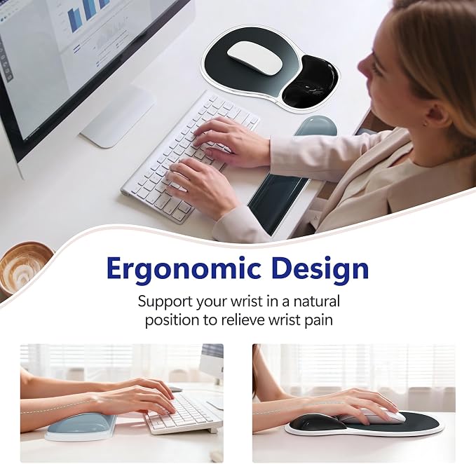 AKIT Ergonomic Mouse Pad and Keyboard Wrist Rest, Gel Wrist Rest for Computer Keyboard, Non-Slip Base, Pain Relief, Mousepad Set for Gaming, Home and Office, Gradient Black