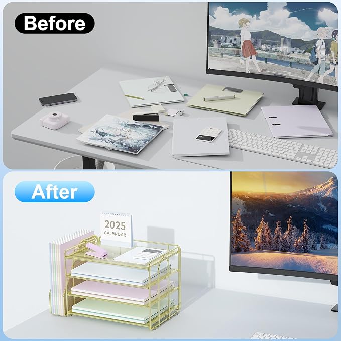 Spacrea Desk Organizers and Accessories, Paper Organizer for Desk with File organizer, Desk Accessories & Workspace Organizers for Office Supplies (Gold)