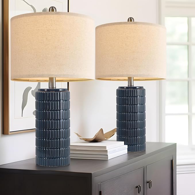 PoKat 23" Blue Table Lamps, Farmhouse Bedside Lamps for Bedroom Set of 2, Ceramic End Table Lamps for Living Room, Traditional Nightstand Desk Lamps, Medium
