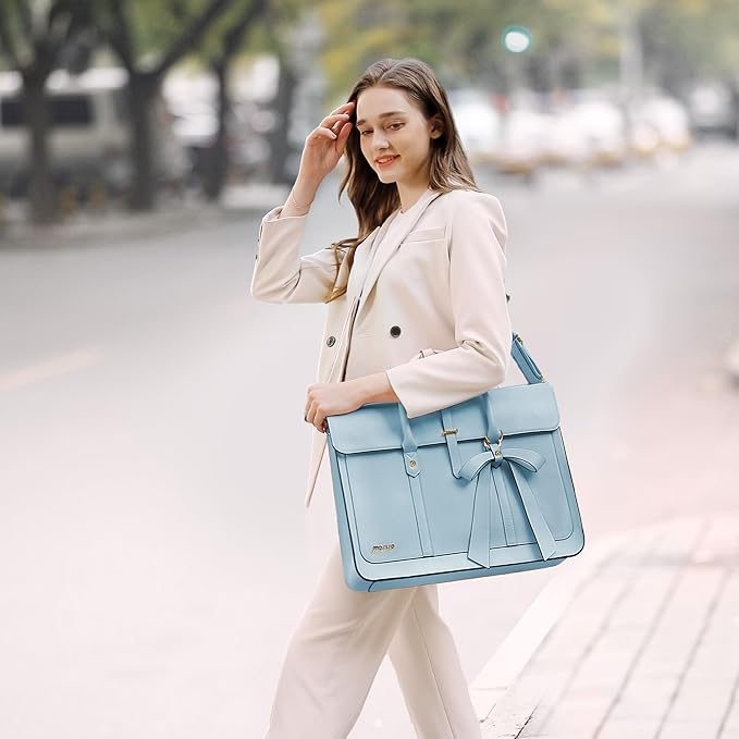 MOSISO Laptop Bag for Women, 15-15.6 inch PU Leather Laptop Shoulder Bags Convertible Backpack, 16 inch Messenger Bags Casual Handbag Work Briefcase Travel Computer Bag with Bowknot, Air Blue