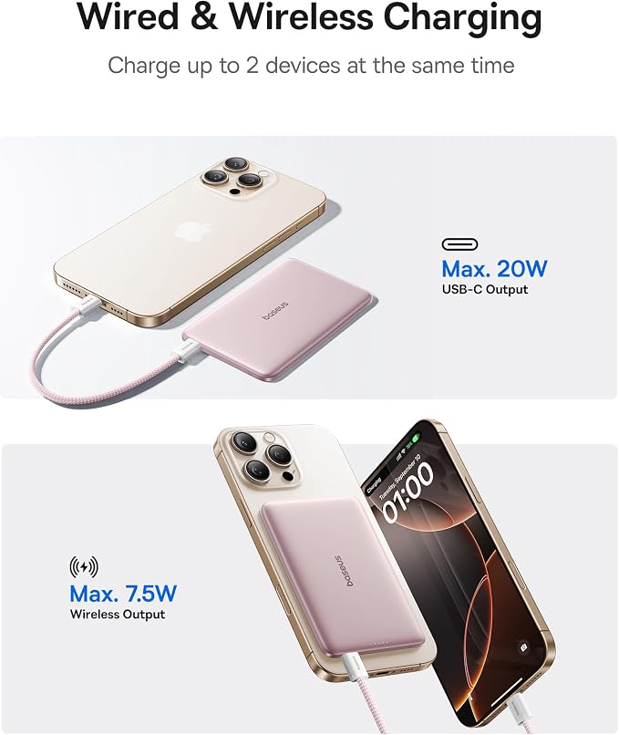 Baseus Picogo Power Bank, 0.3" Ultra Slim 5000mAh MagSafe Portable Charger, Card-Size Magnetic Battery Pack with USB-C Braided Cable, Alloy Wireless Charger for iPhone 17 Pro Max/17 Air/16/15/14/13/12