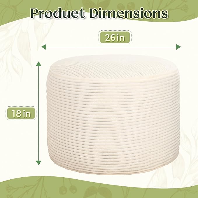 Round Corduroy Ottoman Foot Rest Pouf for Living Room Couch - Soft Plush Shredded Foam Filled Hassock Stool, Comfy Footstool