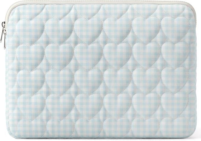 13-14 inch Cotton Quilted Laptop Sleeve for Women, Aesthetic Puffy Laptop Case Carrying Bag Compatible with MacBook Air/Pro 13/Pro 14, Soft Computer Liner Bag (Blue Gingham, 13.3inch)