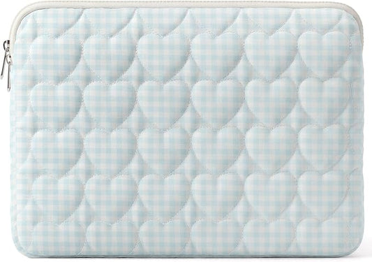 13-14 inch Cotton Quilted Laptop Sleeve for Women, Aesthetic Puffy Laptop Case Carrying Bag Compatible with MacBook Air/Pro 13/Pro 14, Soft Computer Liner Bag (Blue Gingham, 13.3inch)