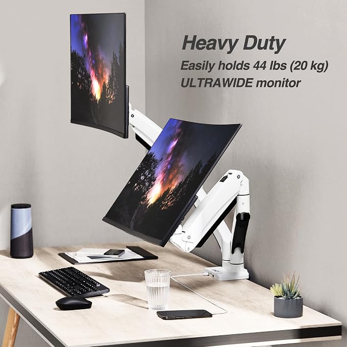 AVLT Dual Monitor Arm Desk Mount for 13"–43" Flat/Curved Screens with USB-A Pass-Through, Full Motion Height Adjustable Swivel Tilt Rotation VESA/C-Clamp/Grommet/Cable Management, White