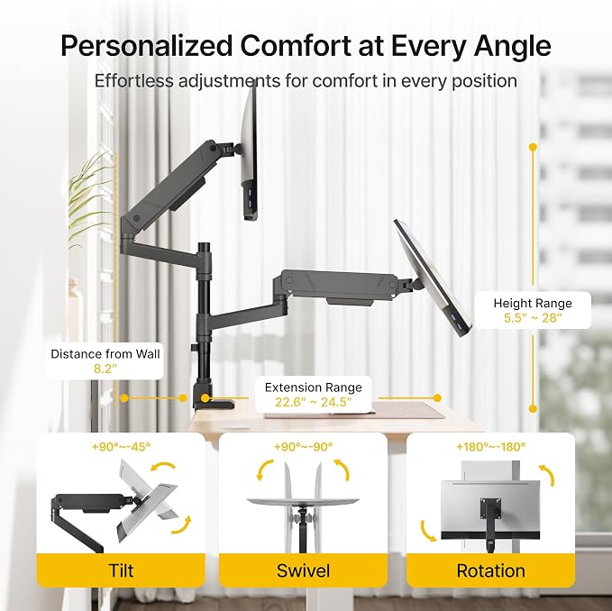 monTEK Dual Monitor Mount Tall Monitor arms for 2 Monitors for 17 to 35 Inch Curved Screen Holds 35 Lbs Adjustable Heavy Duty Monitor Desk Mount Cable Management, VESA 75/100mm
