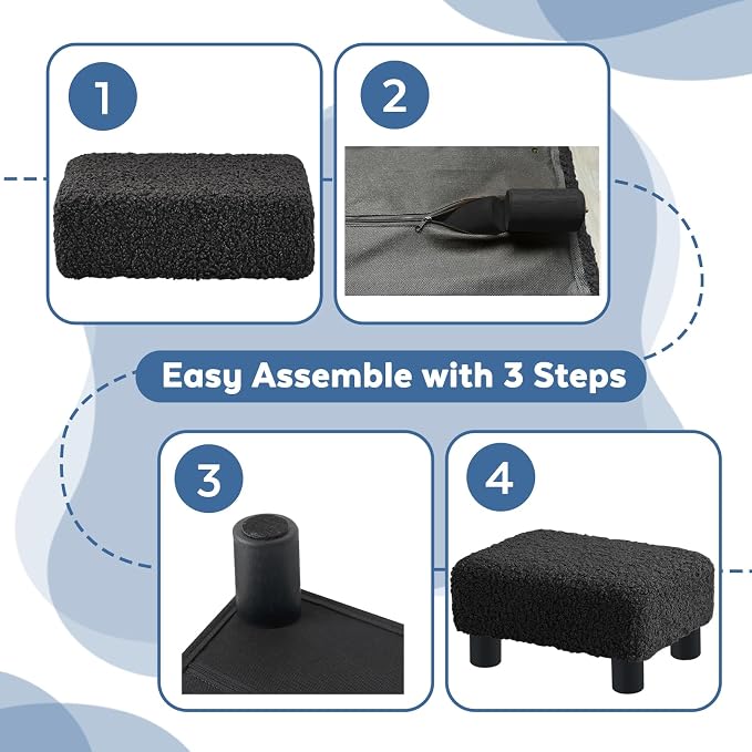 BRIAN & DANY Small Foot Stool Ottoman, Footstool with Legs, Sherpa Foot Rest for Couch, Foot Stools Small for Living Room, Bedroom and Office, Black