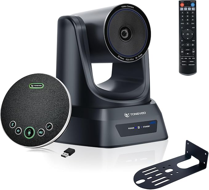TONGVEO Conference Room Camera System 4K UHD 3X Optical Zoom 93° Ultra-Wide FoV USB3.0 PTZ Camera and Wireless Bluetooth Speakerphone with Microphones, Works with Zoom, OBS, Skype, Teams and More