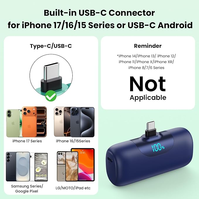 [2-Pack] 5500mAh Portable Charger for iPhone 17/16, LCD Display USB C Mini Power Bank, PD Fast Charging Travel Lipstick Sized Battery Pack for iPhone 17/16/15 Pro Max, Galaxy S25/S24, Pixel(Navy+Pink)